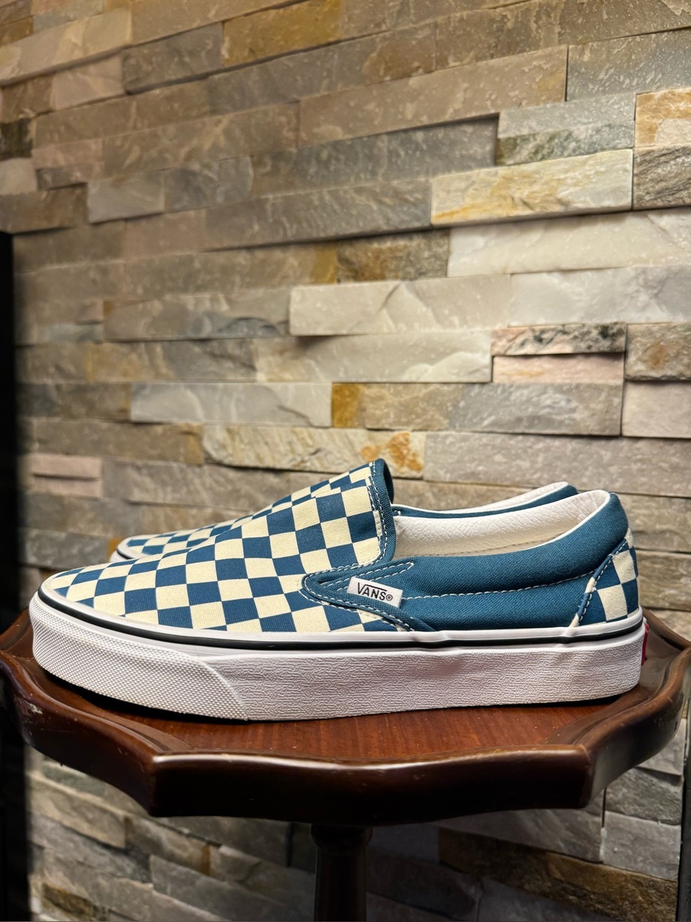 Mens Sz6 W 7.5 Vans Checkerboard White Teal Classic Slip-On Sneakers Shoes NWOT